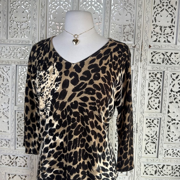 Designers Originals Leopard Print V Neck Beaded 3/4 Sleeve Fairy Sweater Sz M - Picture 3 of 6